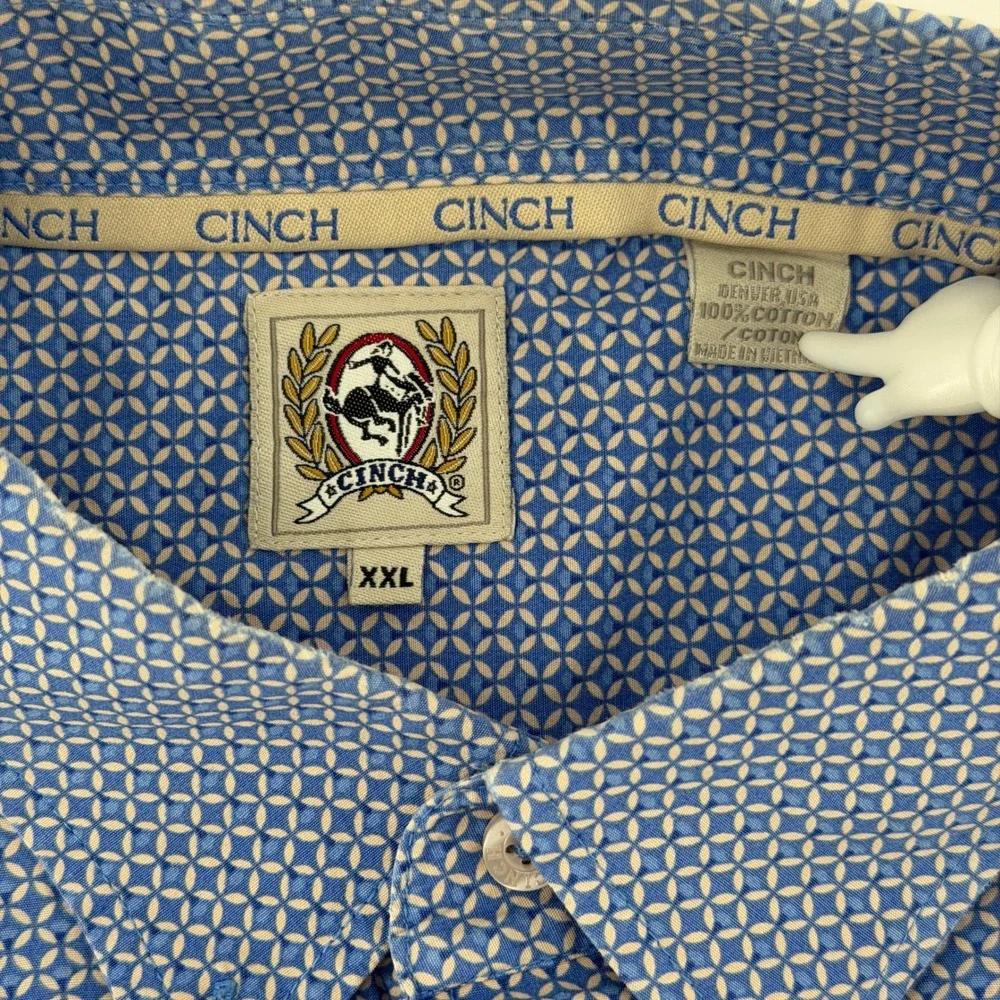 Cinch Button Down Shirt Mens XXL Blue Geometric Long Sleeve Cotton Pocket Rodeo